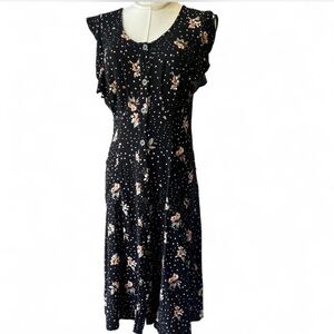 Ditsy Begonia Style Midi Dress in Black Floral Polka Dot Button-up Front Medium